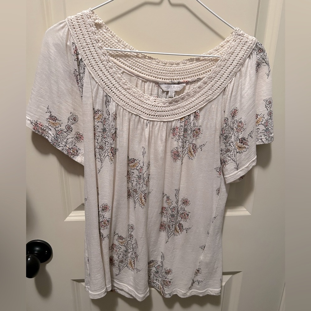 Lucky Brand off white top with crochet trim. Size XS, but wears like small.